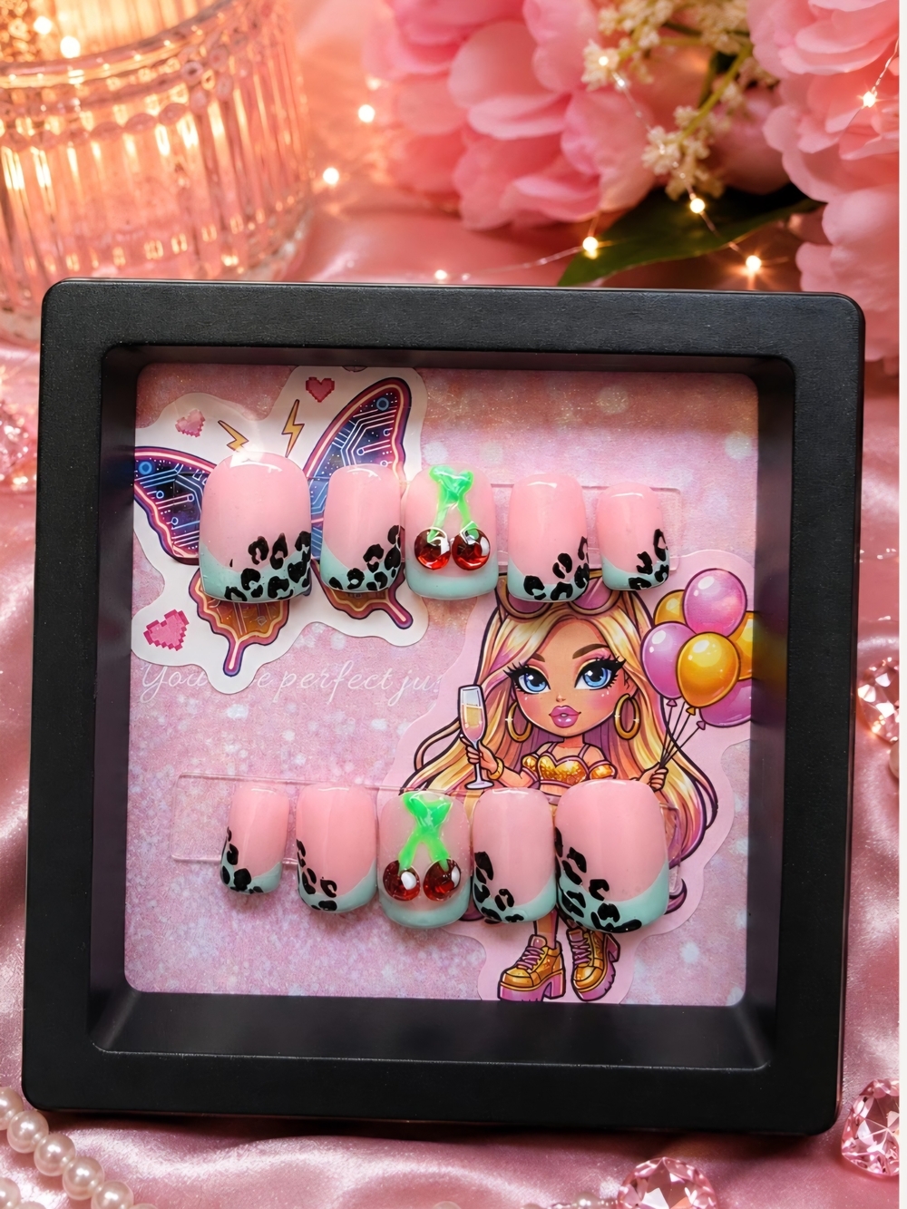 Pink & Mint Cherry Accent Press-On Nail Set